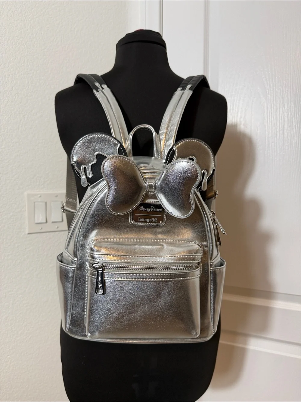 Loungefly Metallic Silver Disney 100 Minnie Ear Mini Backpack with Bow